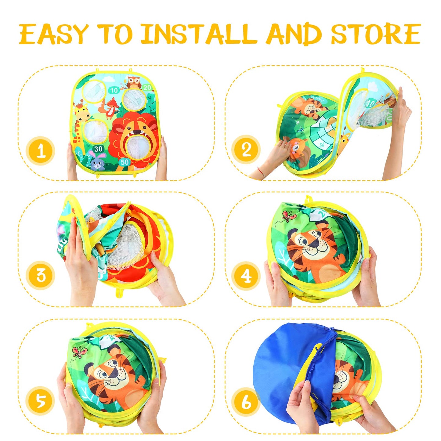 Yunsailing 63 Pcs Carnival Outdoor Games Set for Kids Include Animal Bean Bag Toss Plastic Cones Bean Bags Ring Toss Egg and Spoon Race, Field Yard Lawn Outdoor Game, Gift for Birthday Party