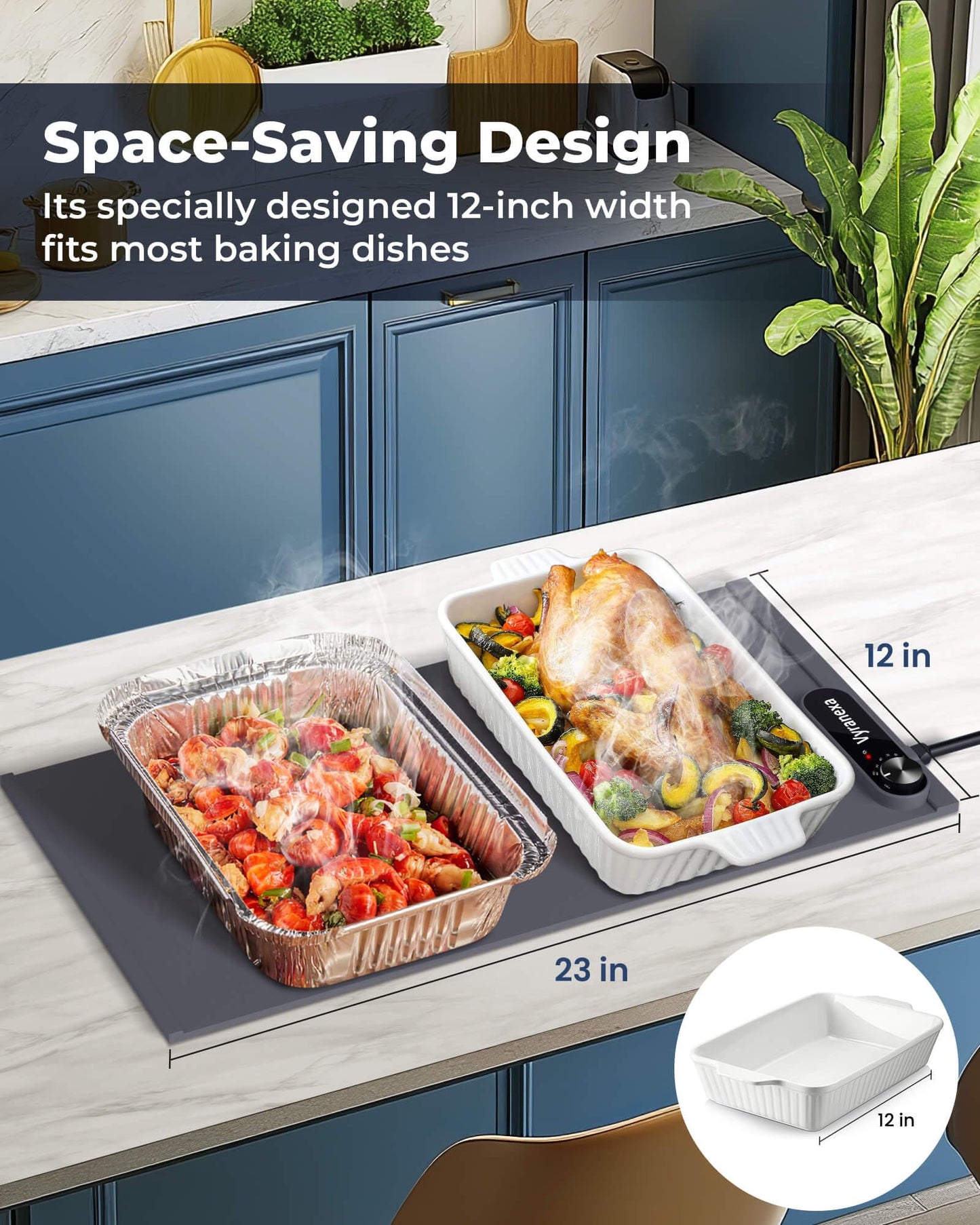 Warming Mat for Food - Space-Saving, Fits Two Baking Dishes, 7 Temp Settings, 4h Auto Shut-Off, Durable Silicone Surface, Easy to Clean, Perfect for Parties and Everyday Use (Gray, Medium)