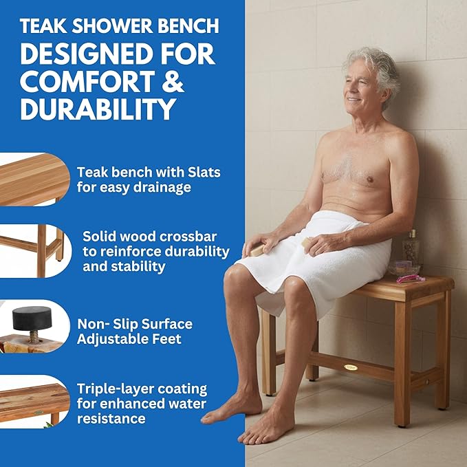 EcoDecors Eleganto 24 Inch Natural Color Waterproof Teak Wood Shower Bench Stool Seat Chair For Inside Shower Provides Safety, Storage, and Organization For Bathroom Accessories