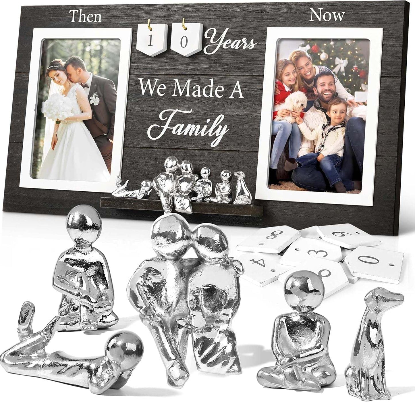 DREAMORIE Then & Now Anniversary Picture Frame with Tin Family Figurines – Rustic Wooden 10th Wedding Gift for Couples, Custom Number Tiles