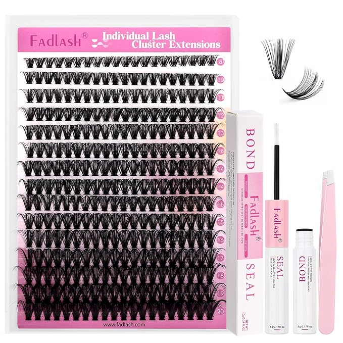 FADLASH Lash Extension Kit 40D Lash Clusters C Curl Lash Cluster Kit DIY Eyelash Extension Kit with Lash Bond and Seal Lash Tweezer 3D Fluffy Cluster Lashes (Kit, 40D-0.07C-Mix8-20)