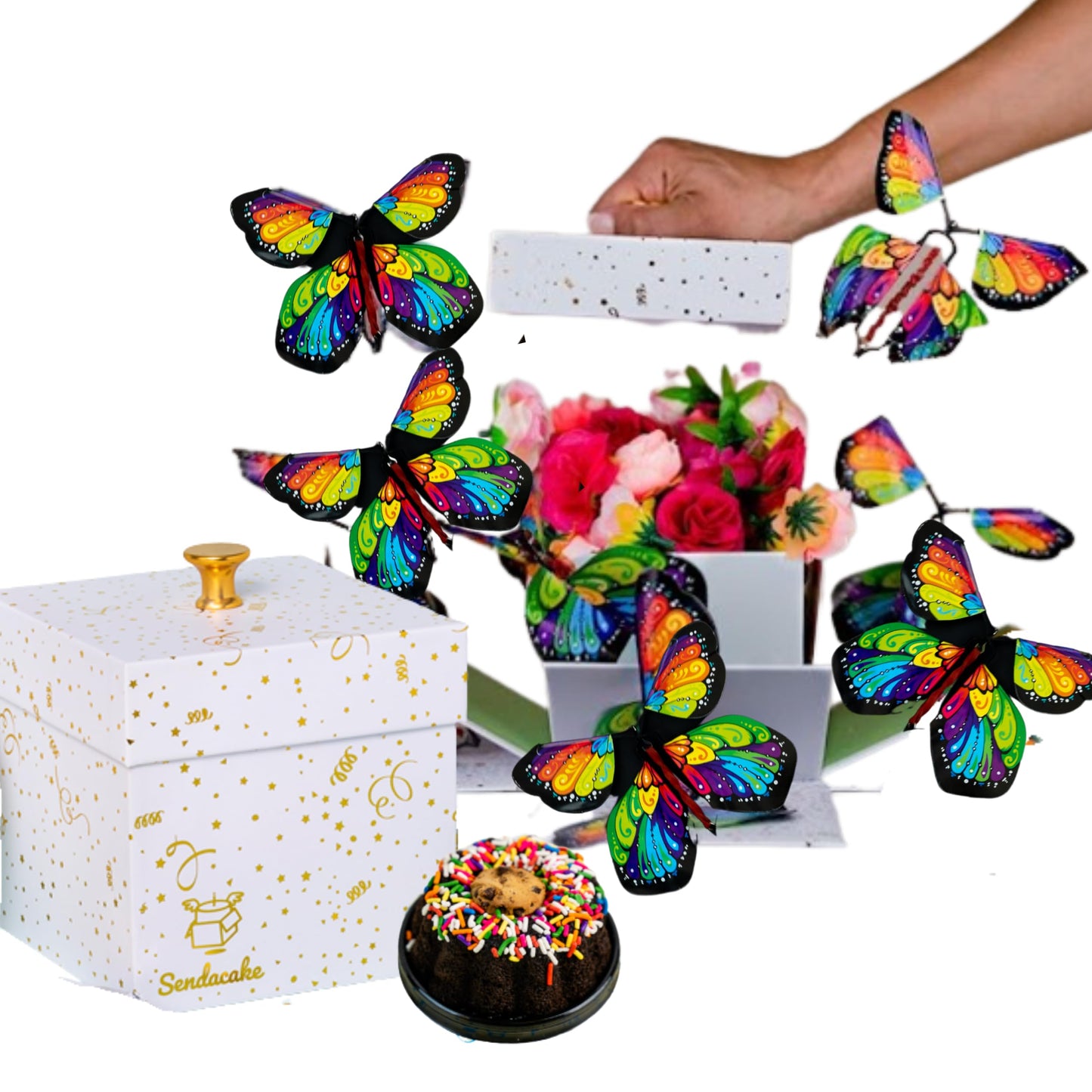 Celebration Explosion Box by Send A Cake, Ready to Gift, No Assembly Required with Flying Butterflies, Flower Shower & 3" Chocolate Chip Mini Bundt Cake – Unique Birthday Gift for Women, Men, Adults, Kids