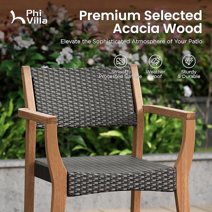 PHI VILLA Outdoor Acacia Wood Chairs Set of 4, Heavy-Duty Dining Armchairs with Wicker Back & Seat, Farmhouse Style Teak Seating Furniture for Patio, Deck, Yard, Balcony, Garden