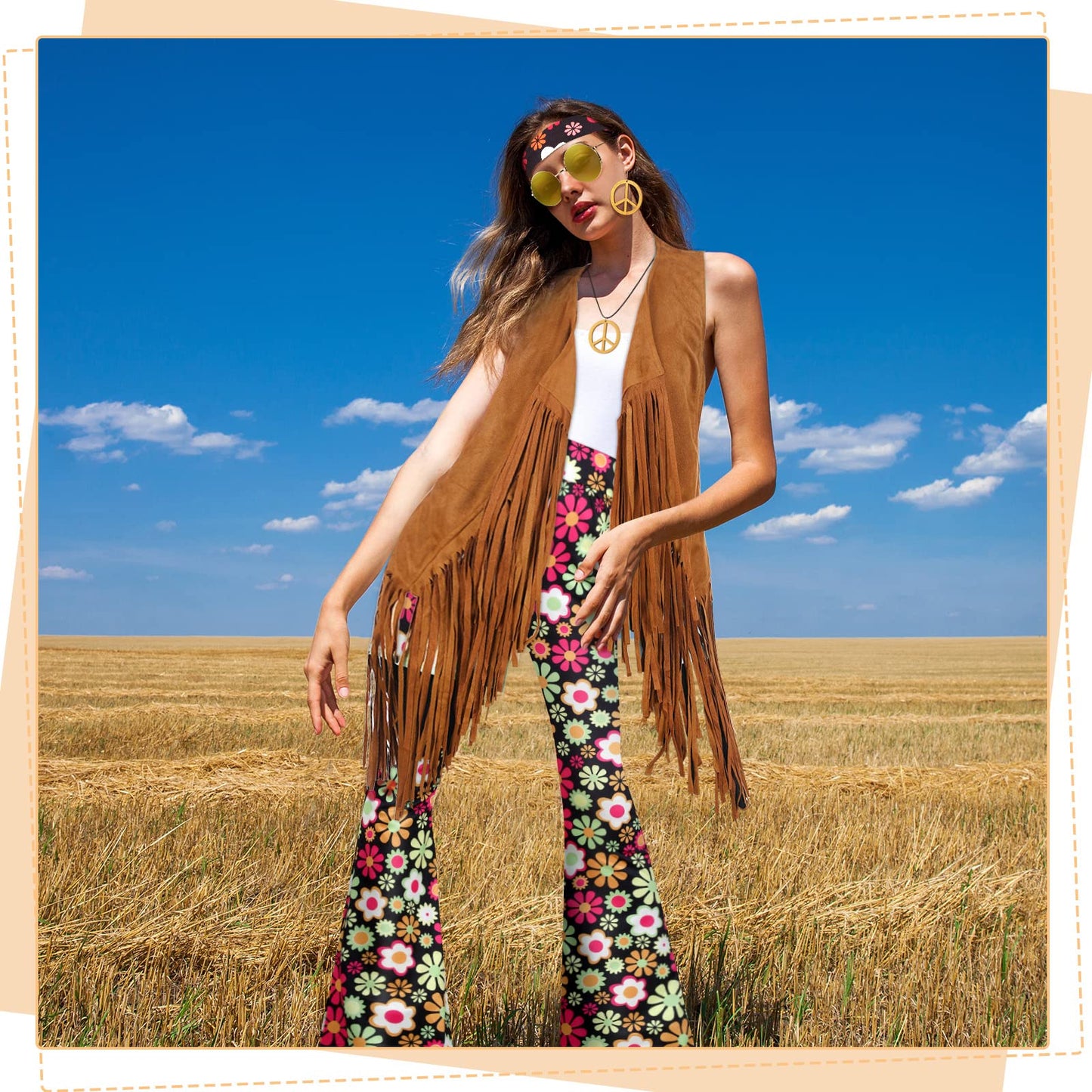 Haull 7 Pcs 60s 70s Outfits for Women Hippie Costume Set Boho Flared Pants Fringe Vest Peace Sign Accessories Set (Flower,XX-Large)