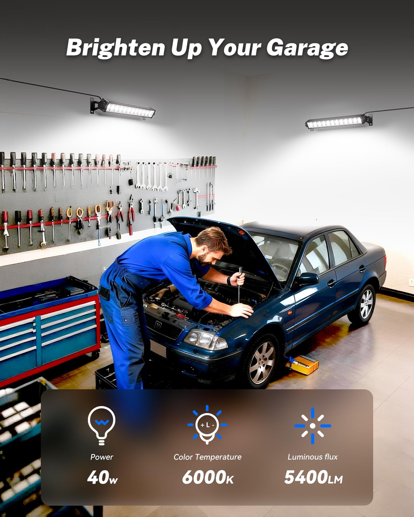 4 Pack LED Shop Lights, 40W 5400LM Plug in Garage Lights with 6.6FT Long Power Cord and On/Off Switch, 6000K Daylight White Work Light for Garage, Workshop, Warehouse