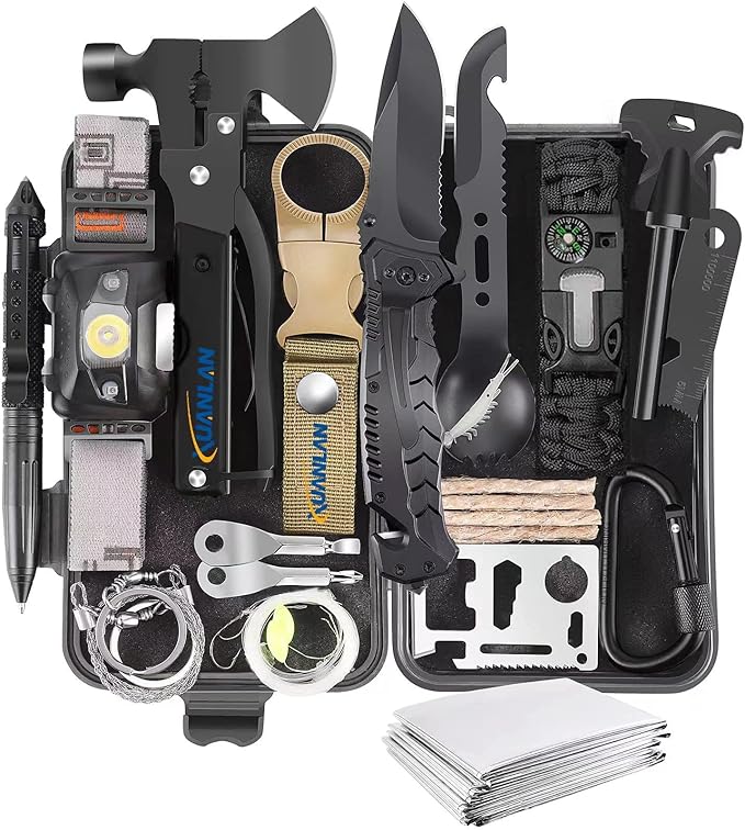 XUANLAN Emergency Survival Kit, Outdoor Survival Gear Tool with Survival Bracelet, Fire Starter, Whistle, Wood Cutter, Wat...