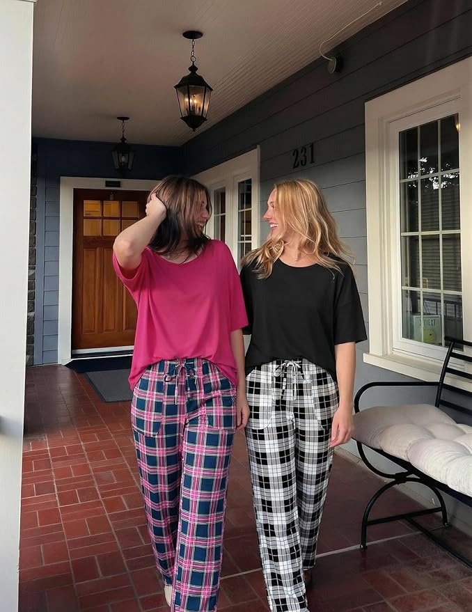 Ekouaer 2 Pack Womens Pajama Sets Short Sleeve Tops and Long Pants Casual Comfy Pjs Lounge Set with Pockets,S-XXL