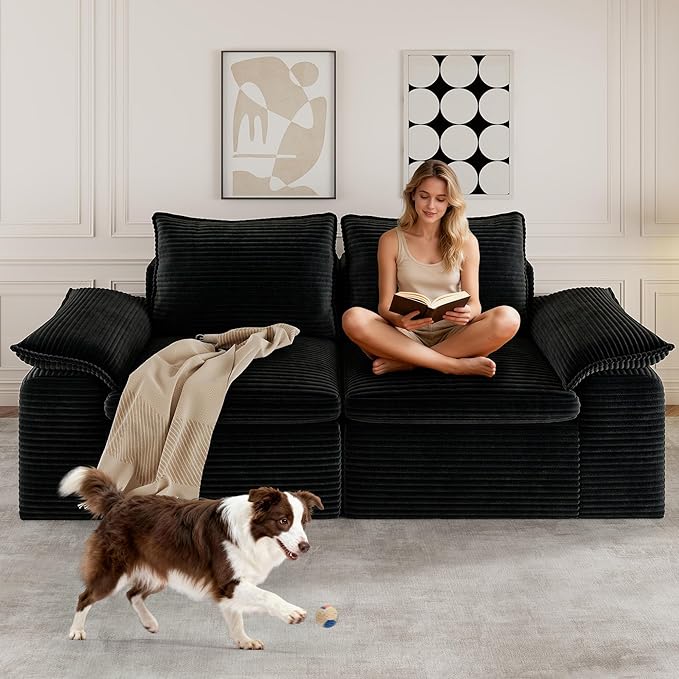 Buytime 76” Comfy Cloud Loveseat Sofa, Convertible Boneless Loveseats for Living Room, Wide 2-Seat Modern Modular Sectional Sofa with Deep Seat, Double-Layer Cloud Cushion and Headrest, Black