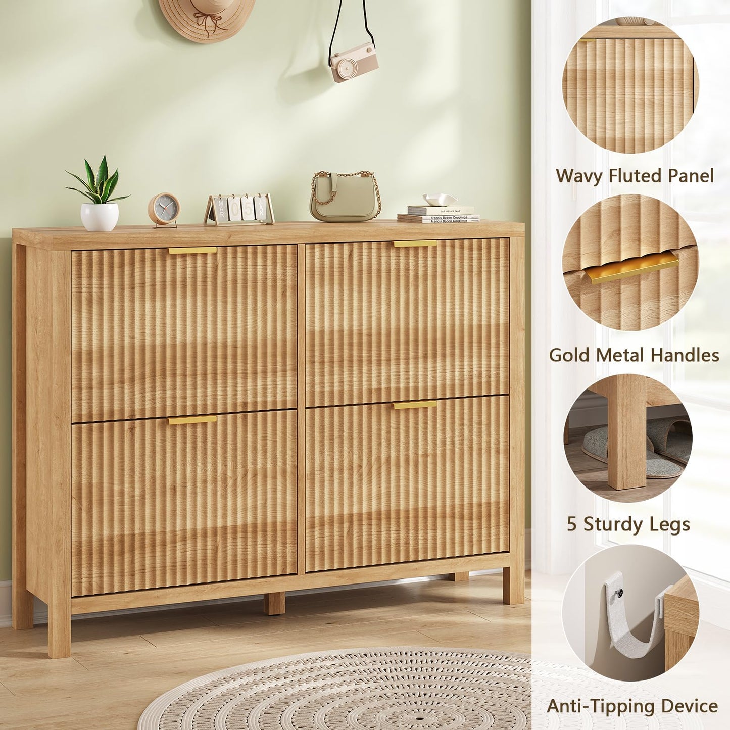 YOMILUVE Shoe Cabinet Storage for Entryway, Fluted Shoe Cabinet with 4 Flip Drawers, Hidden Shoe Rack Freestanding Wooden Shoe Organizer with Legs for Hallway, Oak