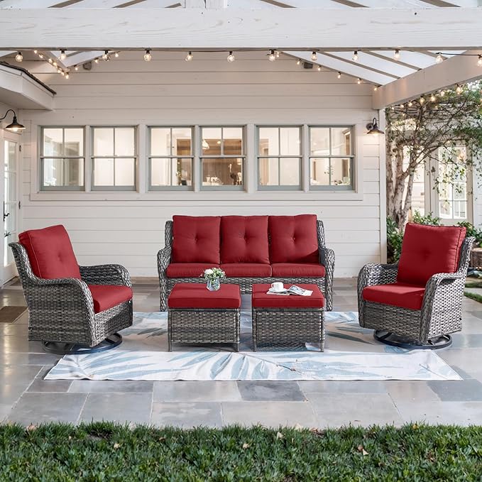 Belord 5 Piece Outdoor Patio Furniture Set - Wicker Furniture Patio Conversation Set, Outdoor Swivel Rocker Chairs with 3-Seater Sofa and 2 Ottomans for Small Space, Red Cushion