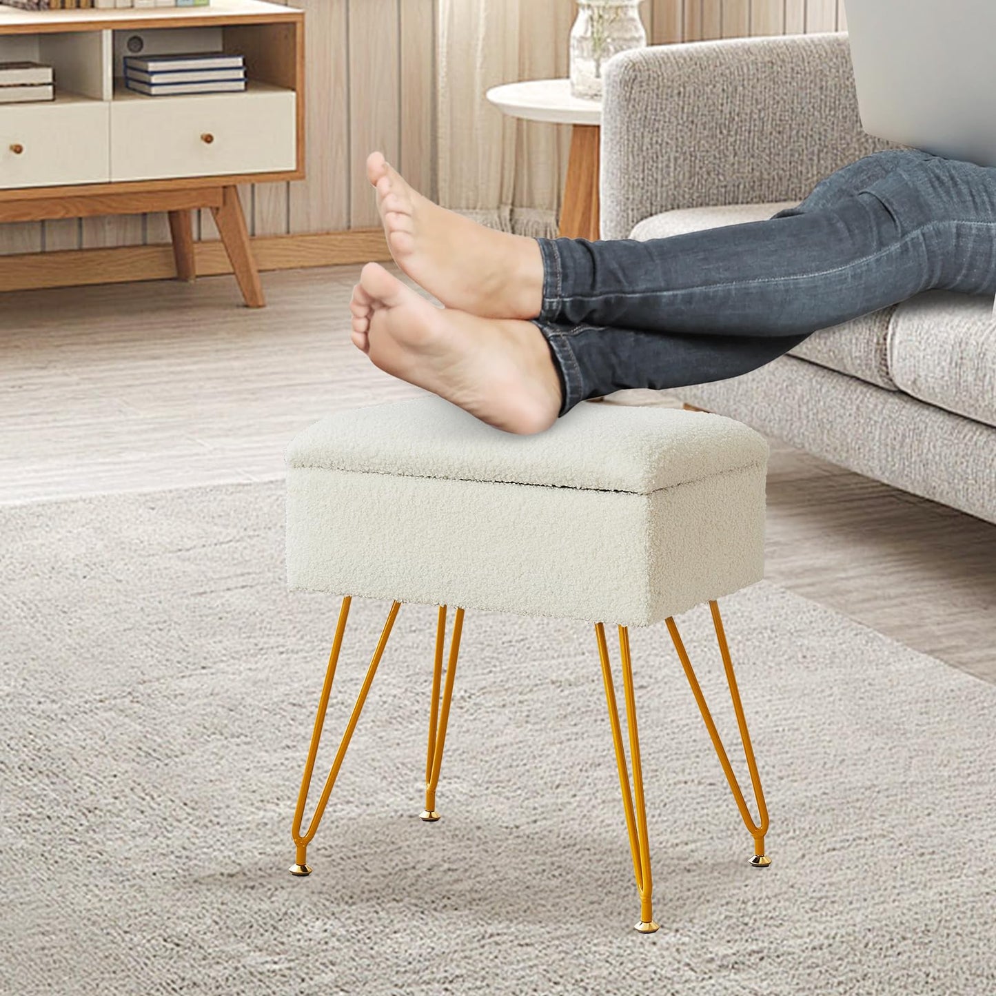 Alessing Vanity Stool Chair Ottoman with Storage, Sherpa Vanity Chair for Makeup Room, Rectangle Vanity Stools with Metal Legs, Soft Makeup Stool Footrest Footstools for Bedroom Living Room, White