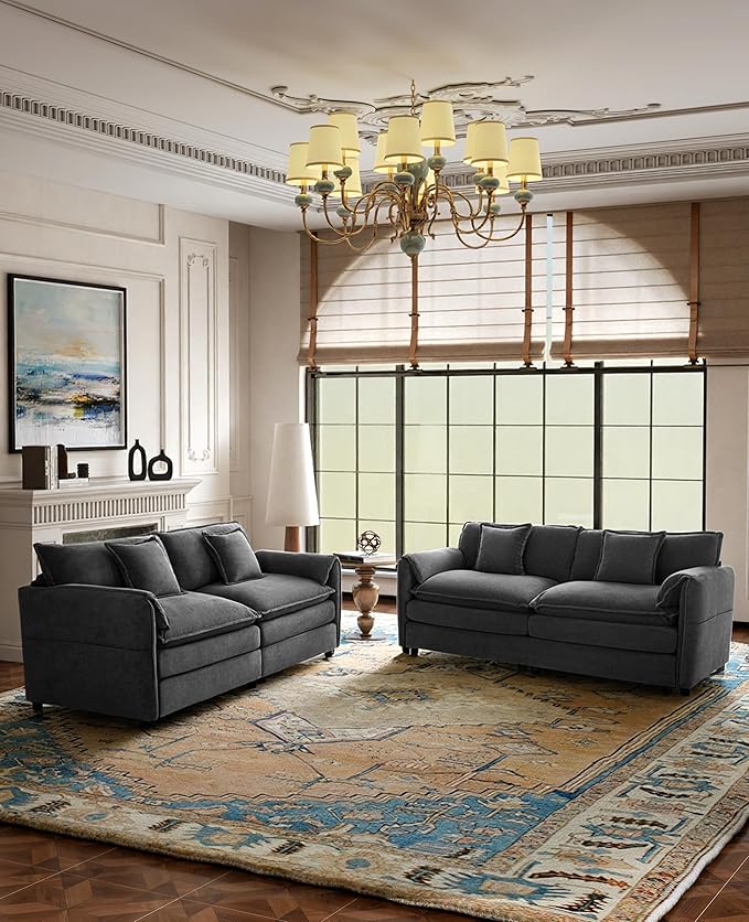 RENDGO Modular Sectional Sofa Sets,2 Pieces Chenille Sectional Loveseat Sofas,Deep Seat Comfort,4-Seater Comfy Couch for Living Rooms & Apartment, Guest Rooms,Grey