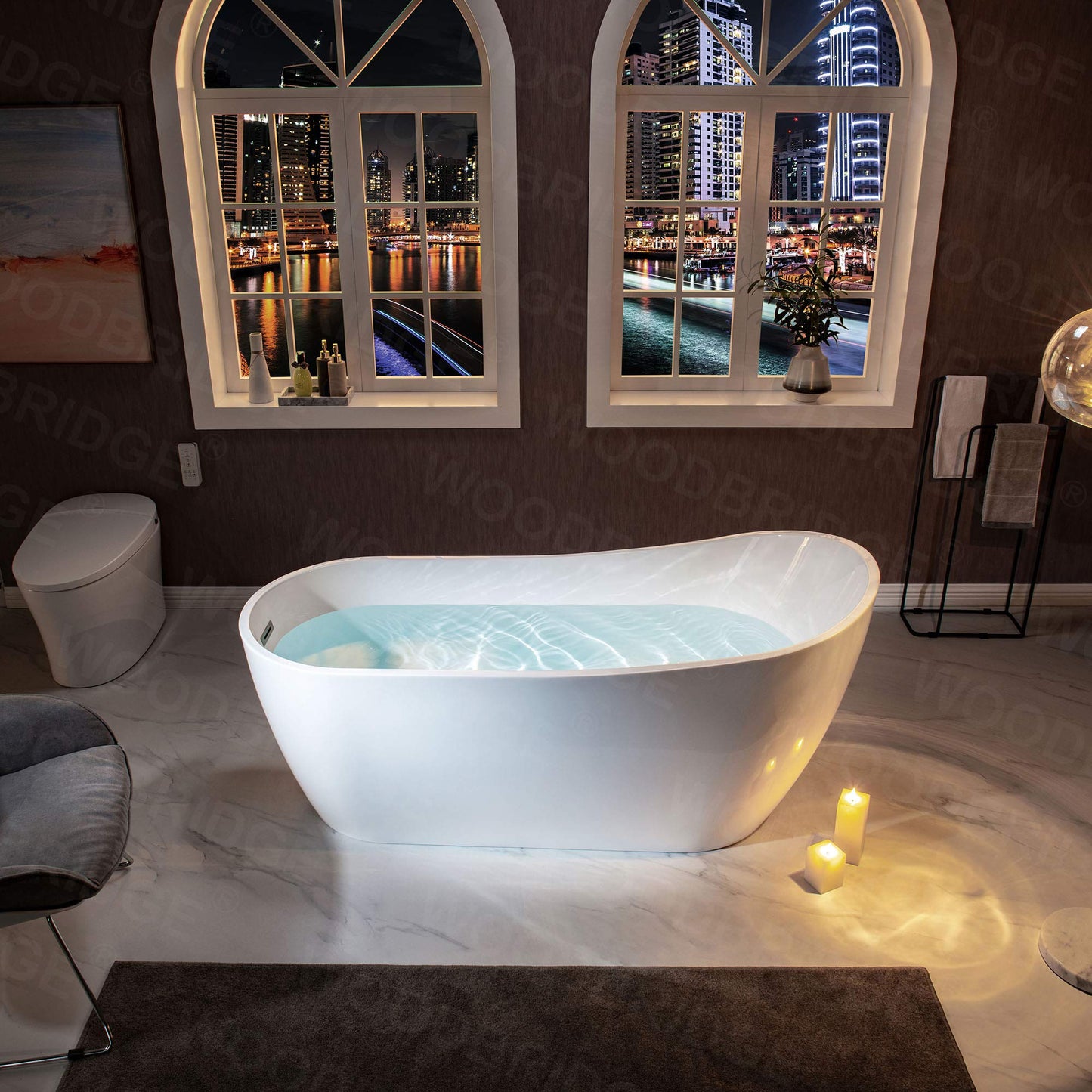 WOODBRIDGE 67"Freestanding White Acylic Soaking Bathtub with Matte Black Drain and Overflow,BTA1508 -MB-Drain &O