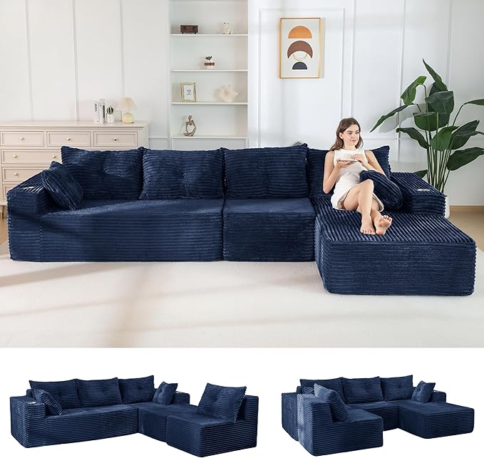MAXYOYO 132" Oversize Modular Sectional Couch with L-Shape Chaise, Modern Boneless Couch for Living Room, Sofa in A Box, Oversized Sofa Sleeper with Deep Seat, No Assembly Required, Navy