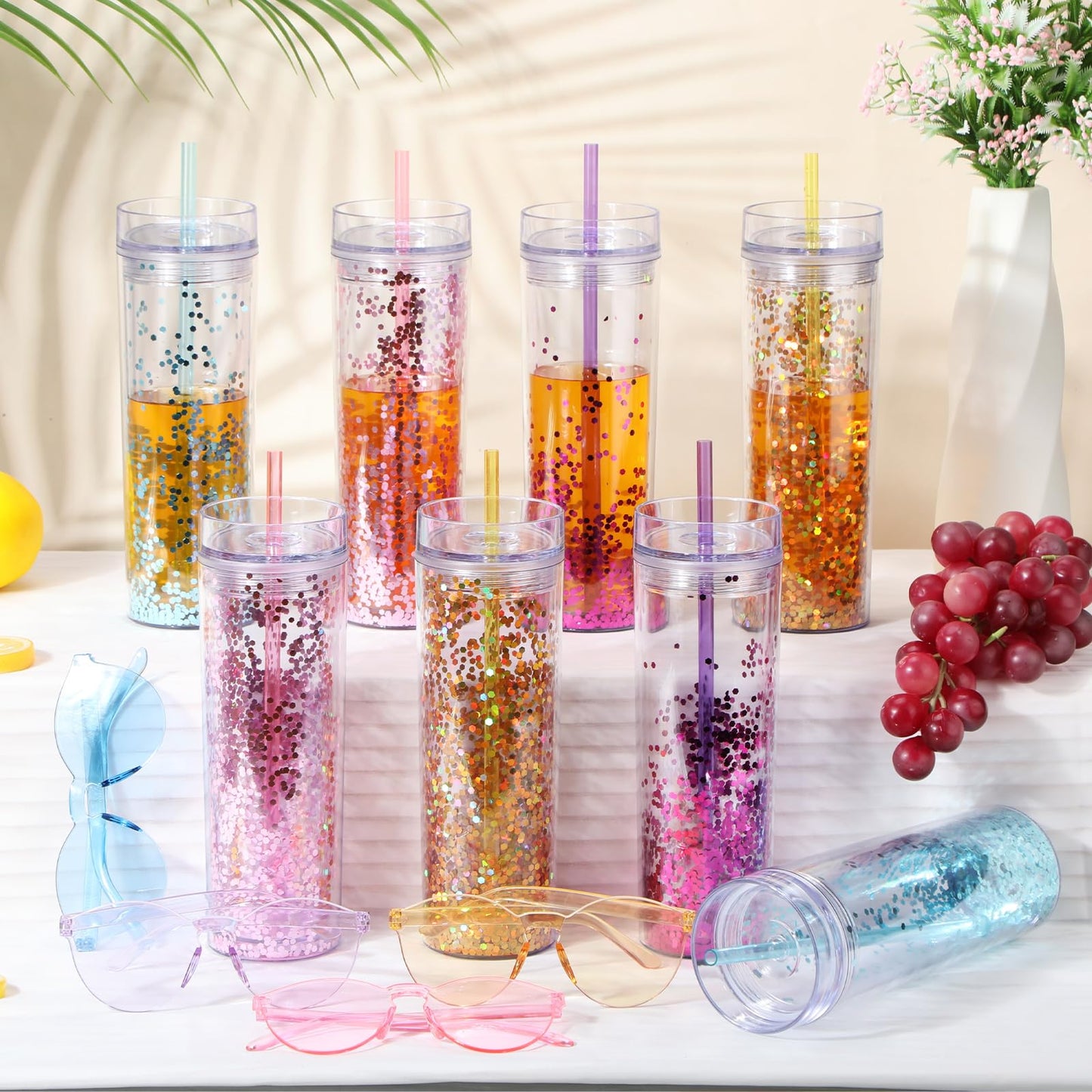 Reallnaive 16 Pcs 16 oz Plastic Snow Globe Tumbler and Neon Sunglasses Set Double Wall Skinny Tumblers with Lid and Straw Glitter Snow Globe Cup for Summer Travel Home Drink Birthday Party Gifts