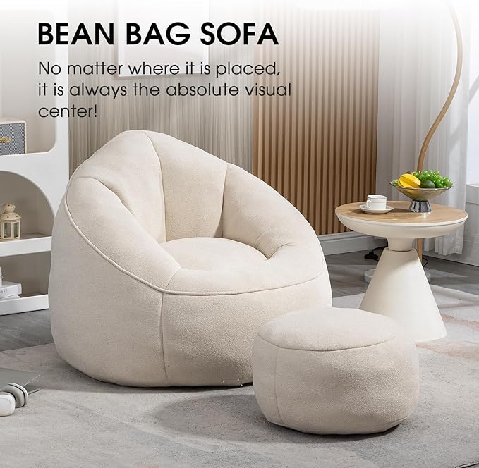 Sudwesto Bean Bag Chair for Adult, Microfiber Upholstered Bean Bag Sofa with Petal Back, Shell-Shaped Beanbag Chair with Footstool, Memory Foam Stuffed Lazy Sofa for Living Room, Bedroom (Beige)
