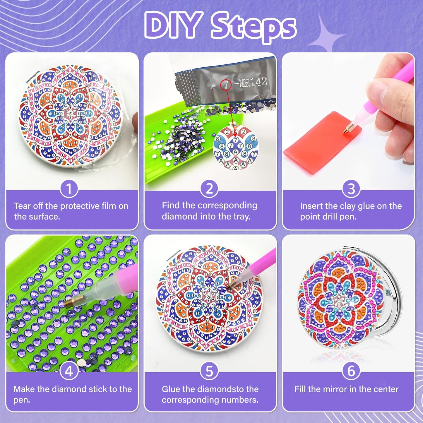 FILASLFT Diamond Art Mirror - 4 Pcs DIY Compact Portable Magnifying Folding Purse Mirror, Diamond Art Gifts (Mandala)