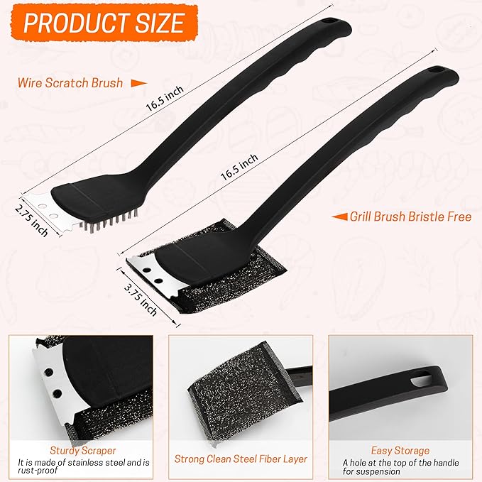 Grill Brush with Scraper Set 2 PCS Stainless Steel Wire Brush with Spatula and Bristle Free Steam Cleaner for BBQ Grill Cleaning Barbeque Grill Brushes