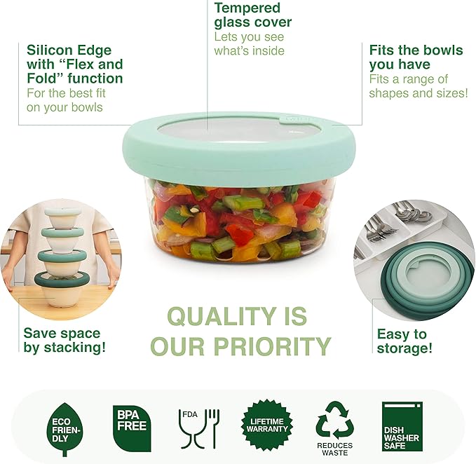 Food Huggers Replacement Lids for Glass Storage Containers | Silicone & Glass Lids that Don’t Crack | Fits Most Round Container Brands & Bowls | 100% Plastic Free | 2 Lid Set (S,M), Gradual Green
