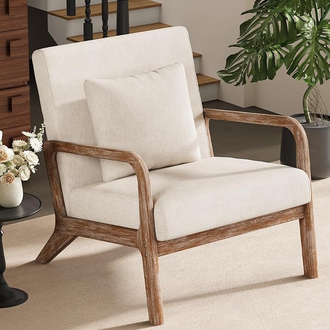 ELUCHANG Mid-Century Modern Chair,Accent Chair with Lumbar Pillow,Upholstered Armchair,Linen Fabric Comfy Reading Chair Beige, Linen, New Armrest, Set of 1