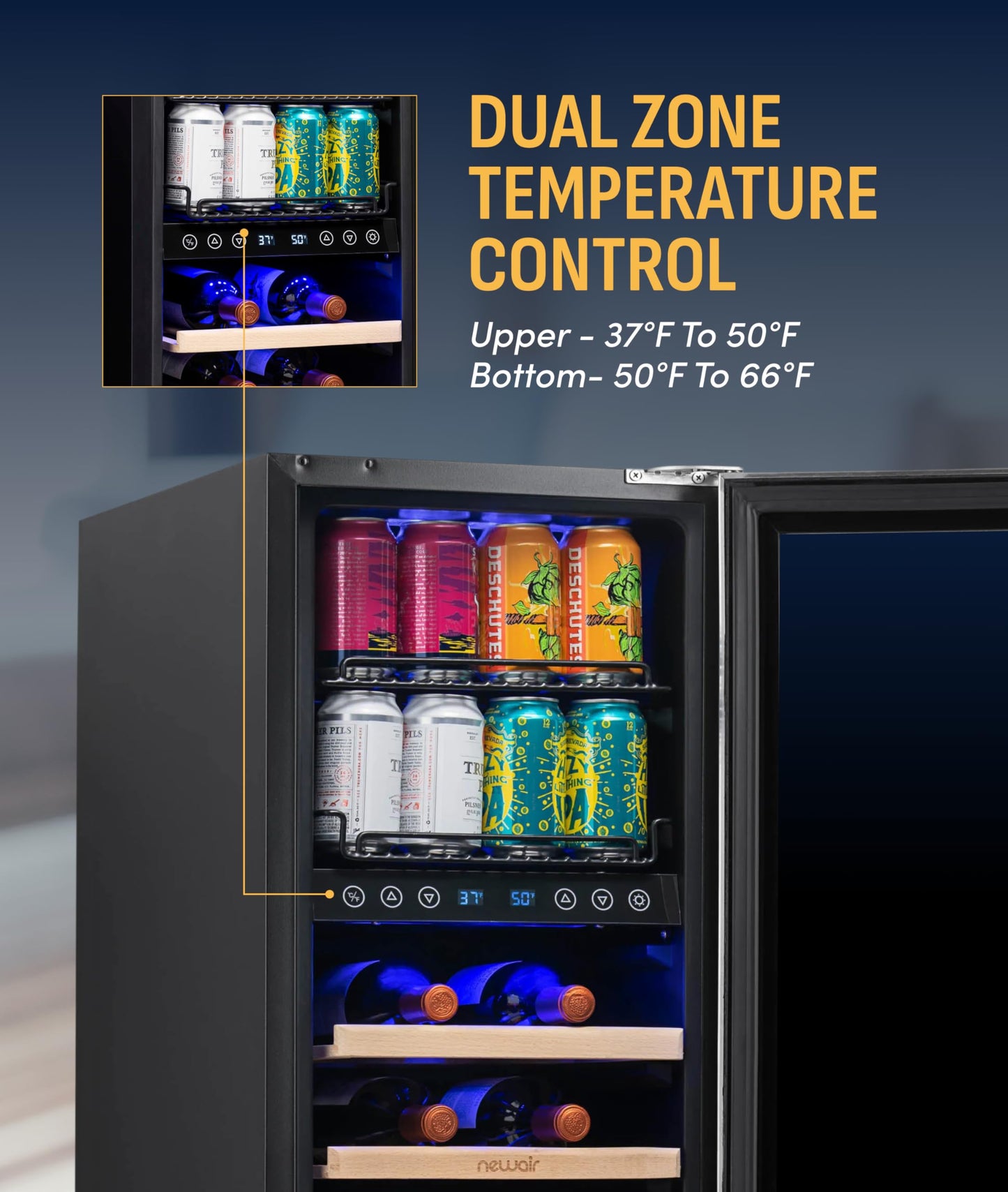 NewAir 15" Dual Zone Beverage Refrigerator & Wine Cooler for 9 Bottles & 48 Cans | Freestanding or Built-In Under Counter Mini Fridge for Beer, Wine and Soda | Stainless Steel