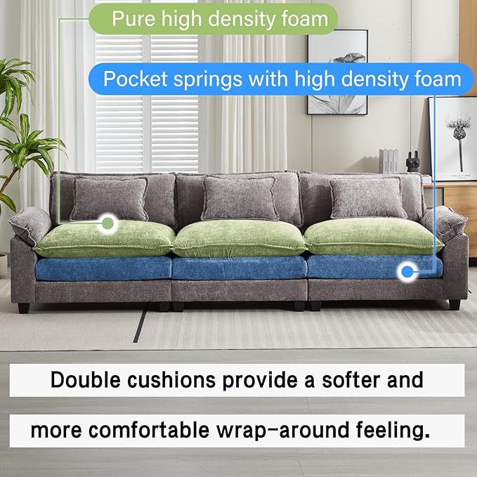 Oprisen 120" Modular Sectional Sofa, Comfy Cloud Couch Sectional Sofa, Chenille Sofa Sleeper Deep Seat Sofa with Throw Pillows for Living Room (Light Gray, 120"- 3 Seater)