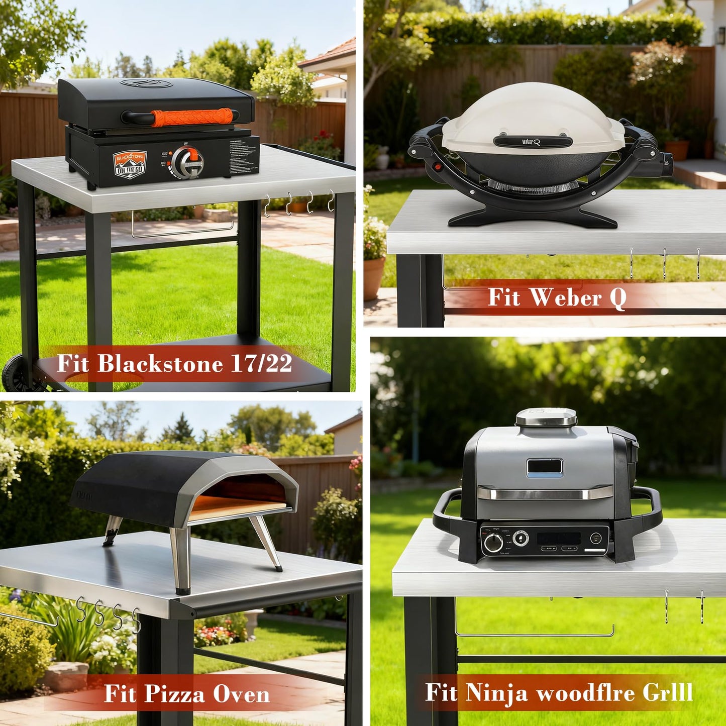 34" x 24" Movable Stainless Steel Flattop Grill Cart for Ninja Woodfire & Blackstone Griddles, Pizza Oven Table for Outside, Extra-Wide Stainless Steel Cart with Wheels for Kitchen Food Prep Table