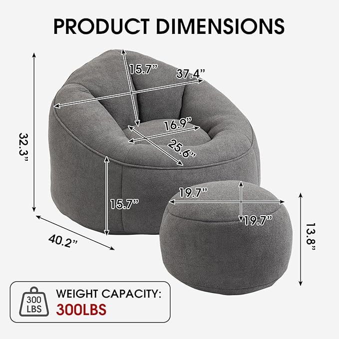 Sudwesto Bean Bag Chair for Adult, Microfiber Upholstered Bean Bag Sofa with Petal Back, Shell-Shaped Beanbag Chair with Footstool, Memory Foam Stuffed Lazy Sofa for Living Room, Bedroom (Grey)