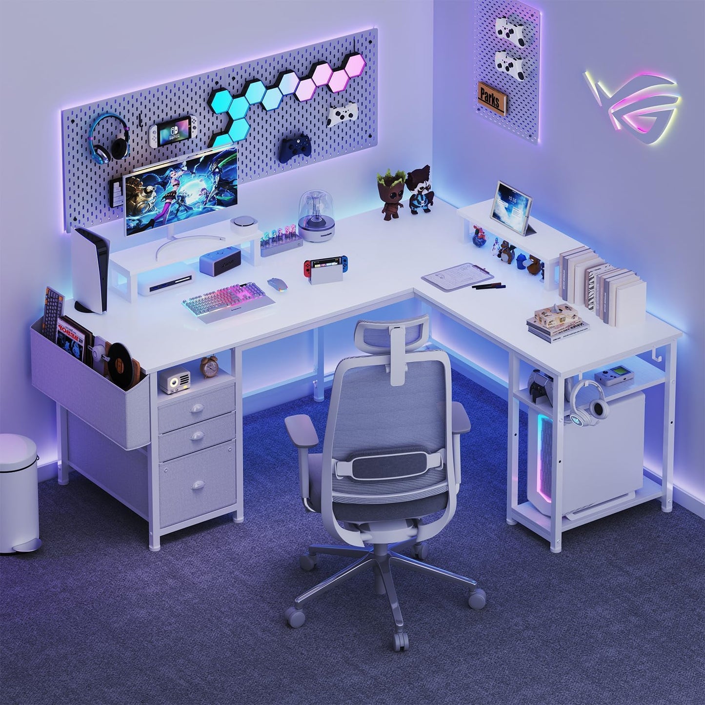 Lufeiya Large L Shaped Computer Desk with Fabric File Drawers Cabinet, 66 Inch Home Office Desks with Filing Cabinet and Storage Shelves, Corner Gaming Desk with 2 Movable Monitor Stands, White