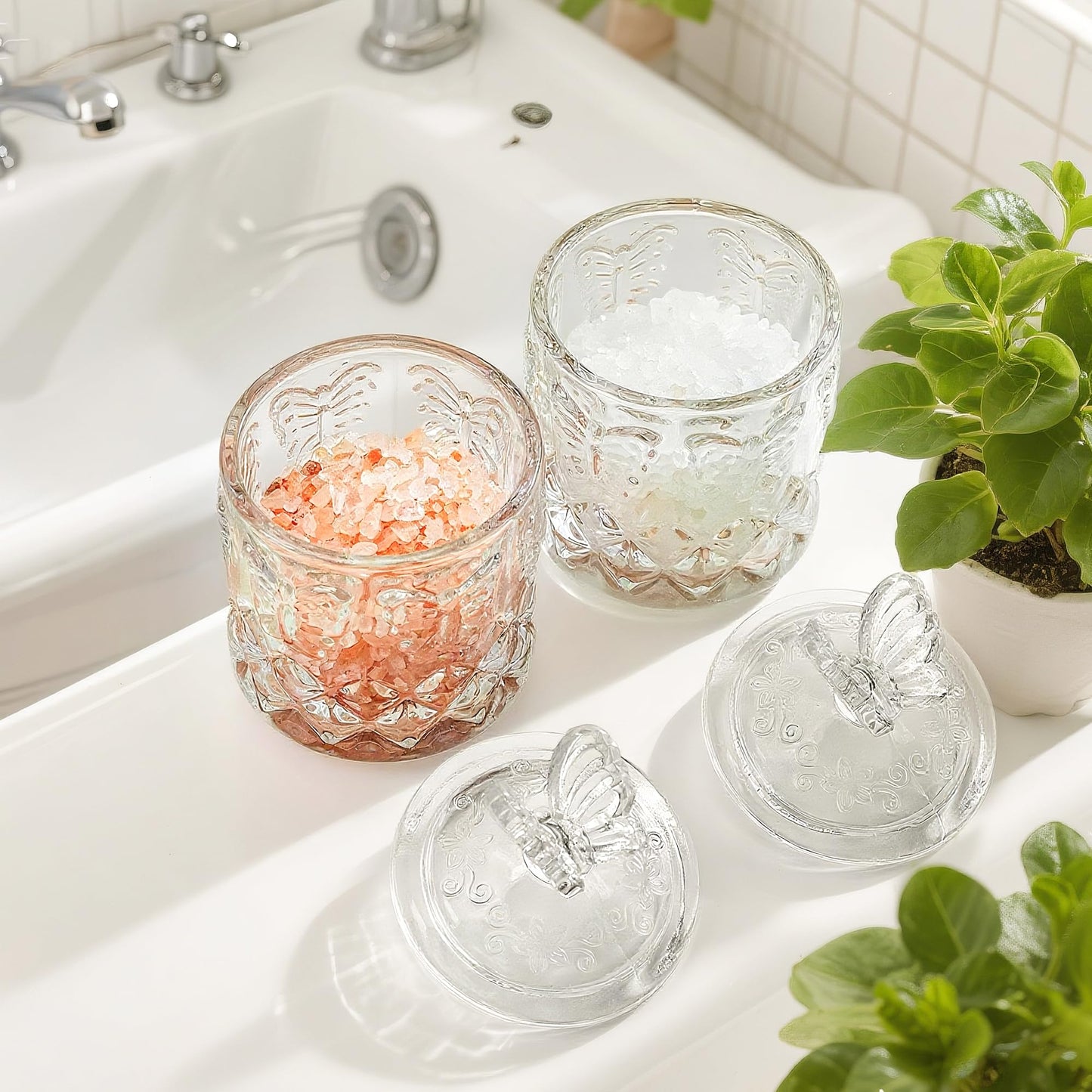 kanpura Qtip Holder Glass Apothecary Jars with Lid for Bathroom Decor Makeup Storage Canister for Cotton Swabs, Balls, Pads, Floss Picks, Candy, Jewelry, 7 OZ, 2 Pack, Clear
