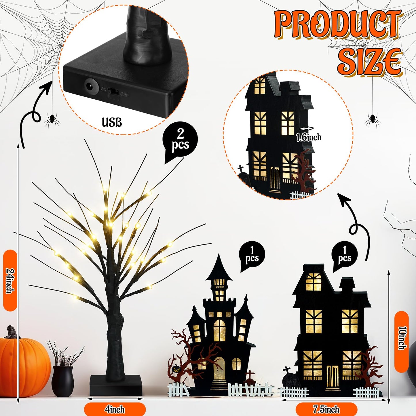 Cinnvoice 4 Pcs Halloween Table Decorations Indoor - 2 Lighted Wooden Haunted House Decor, 2 LED Birches Tree Decor - Battery Operated for Home Kitchen Ornaments