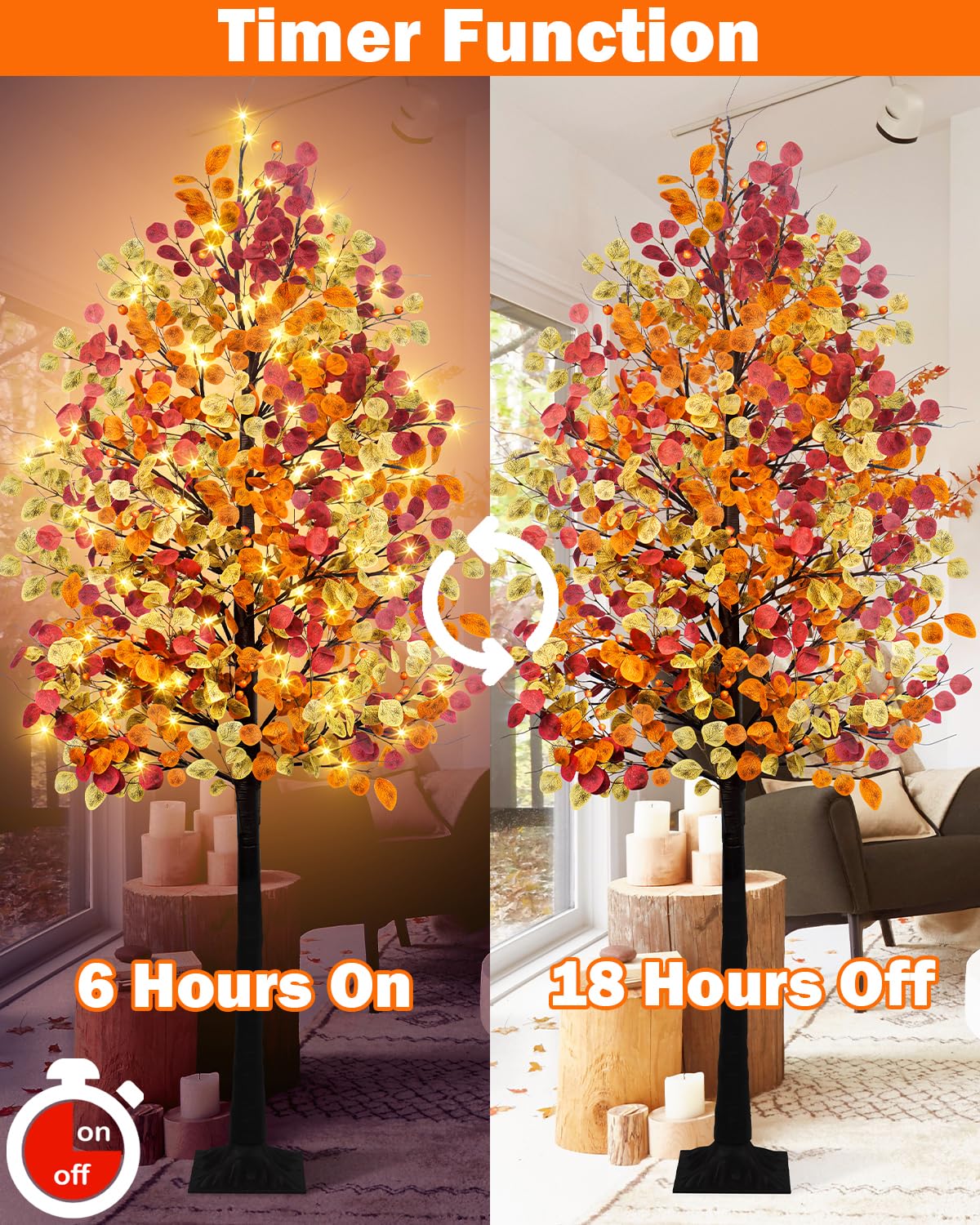 Agusbagli 7FT 128LED Artificial Lighted Fall Eucalyptus Tree, Fall Decorations for Home with Timer Dimmable 8 Modes Fall Light Up Tree with 768 Leaves for Indoor Outdoor Autumn Thanksgiving Decor