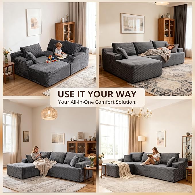 105" Cloud Sectional Couch with L-Shape Chaise, Modular Sectional Sofa with Deep Seat & 2 Cup Holders, Modern Corduroy Boneless Couches for Living Room, No Assembly Required, Left Facing Chaise, Grey | Pet Friendly, Flexible Layout