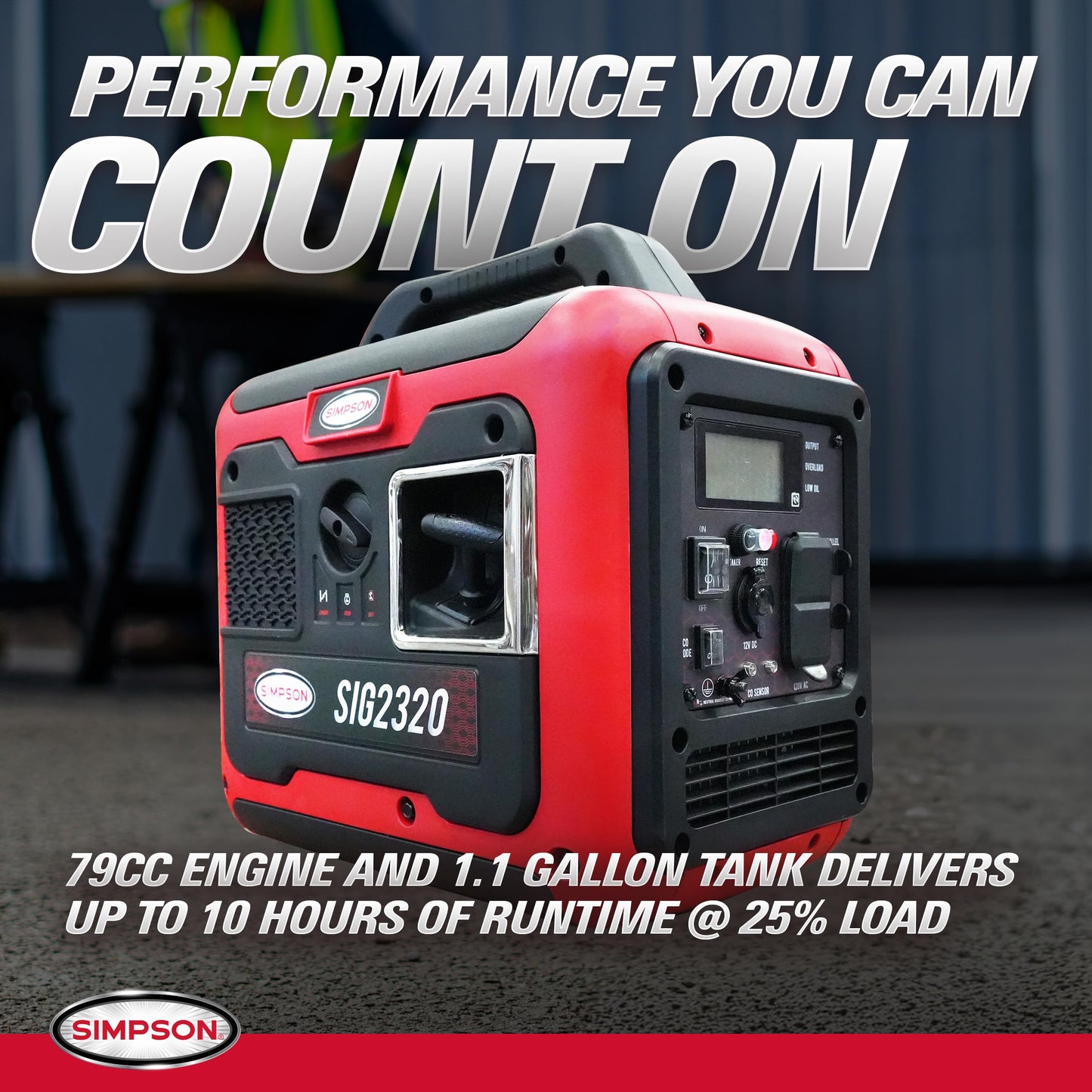 Simpson 2300 Watt Inverter Generator, Quiet Portable Inverter Generator with Handle, 2 GFCI Outlets for Power Tools, Camping, and Tailgating, 2000 Running Watts, Parallel Capable, CO Sensor (SIG2320)