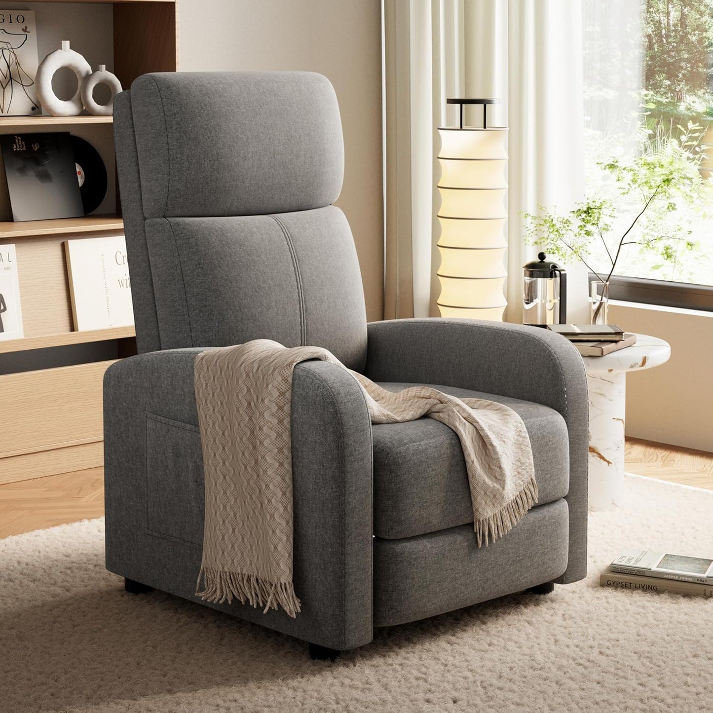 Push Back Recliner Chair for Adults - Ergonomic Single Sofa with Tall Back, Wide Arms & Padded Seat, Side Pocket for Remote - Adjustable Lazy Reclining Chair for Living Room Home Theater Seating