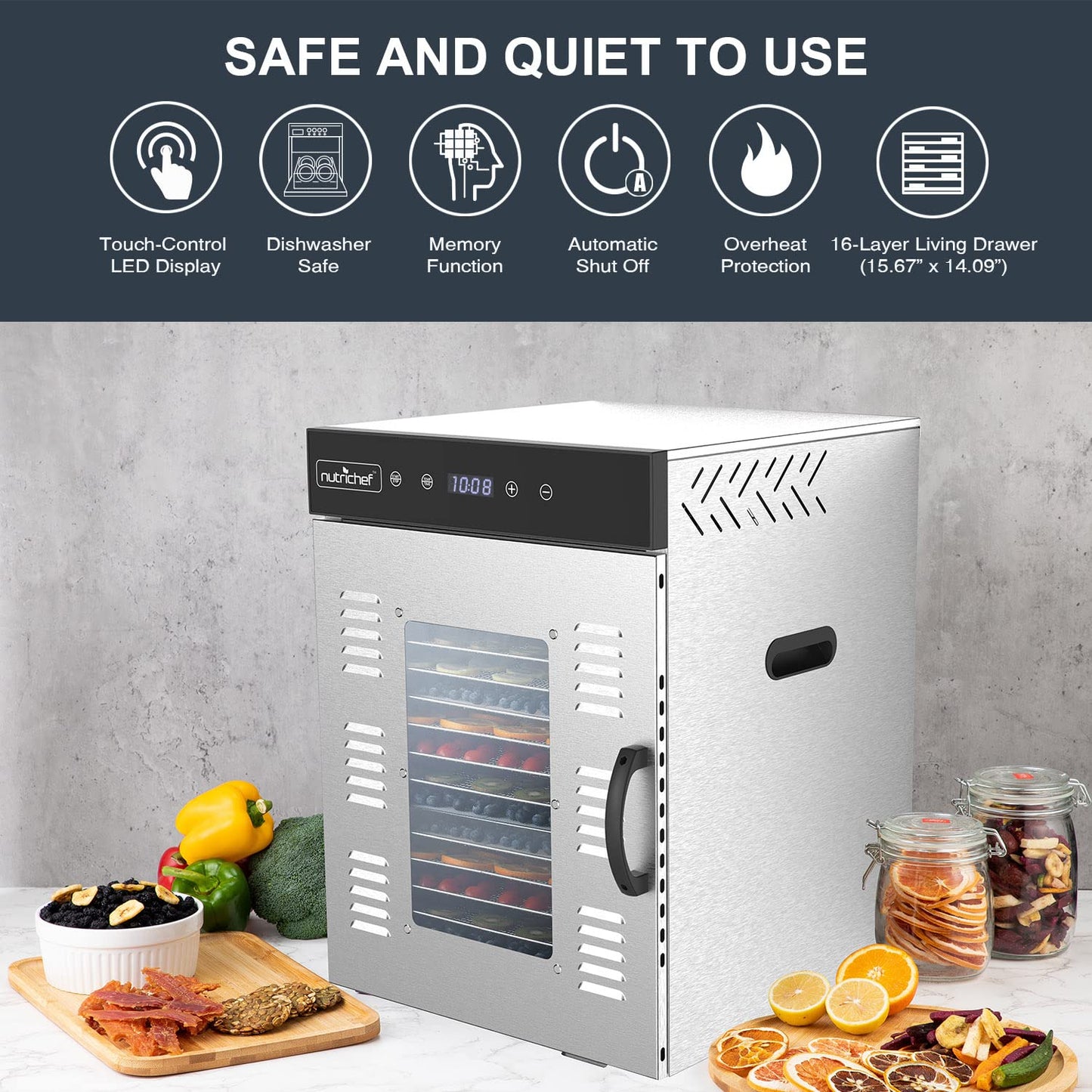 Nutrichef Premium Food Dehydrator Machine - 1500 Watts, 16-Tray Stainless Steel Dehydrator With Digital Timer And Temperature Co