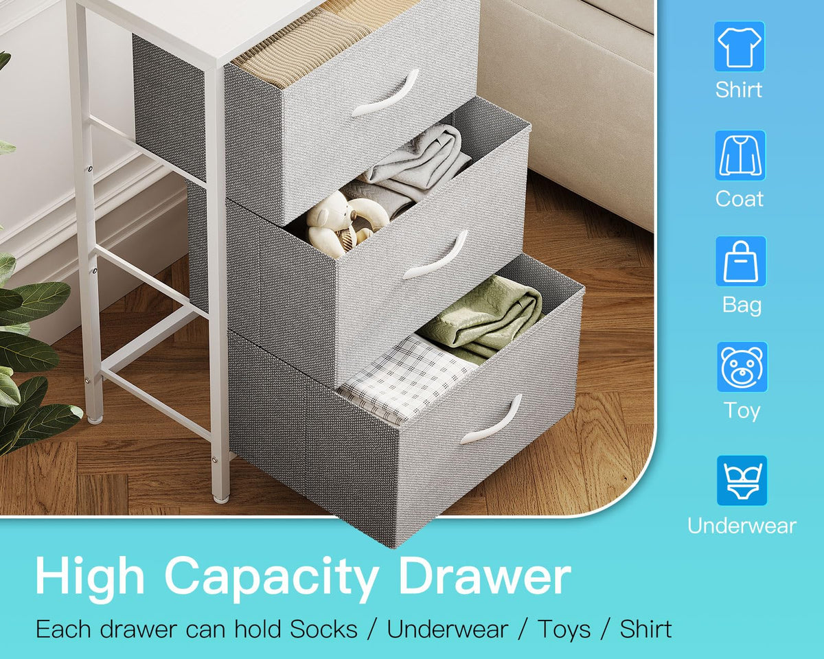 Casaottima Gray Dresser for Bedroom Nightstand, Small Fabric Dresser Chests of Drawers, Closet Organizers and Storage with 3 Drawers