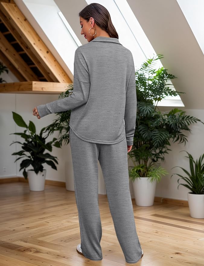 Totatuit Womens Sweatsuits 2 piece Set Lapel Half Zip Lightweight Sweatshirts and Wide Leg Pants Tracksuit Lounge Sets