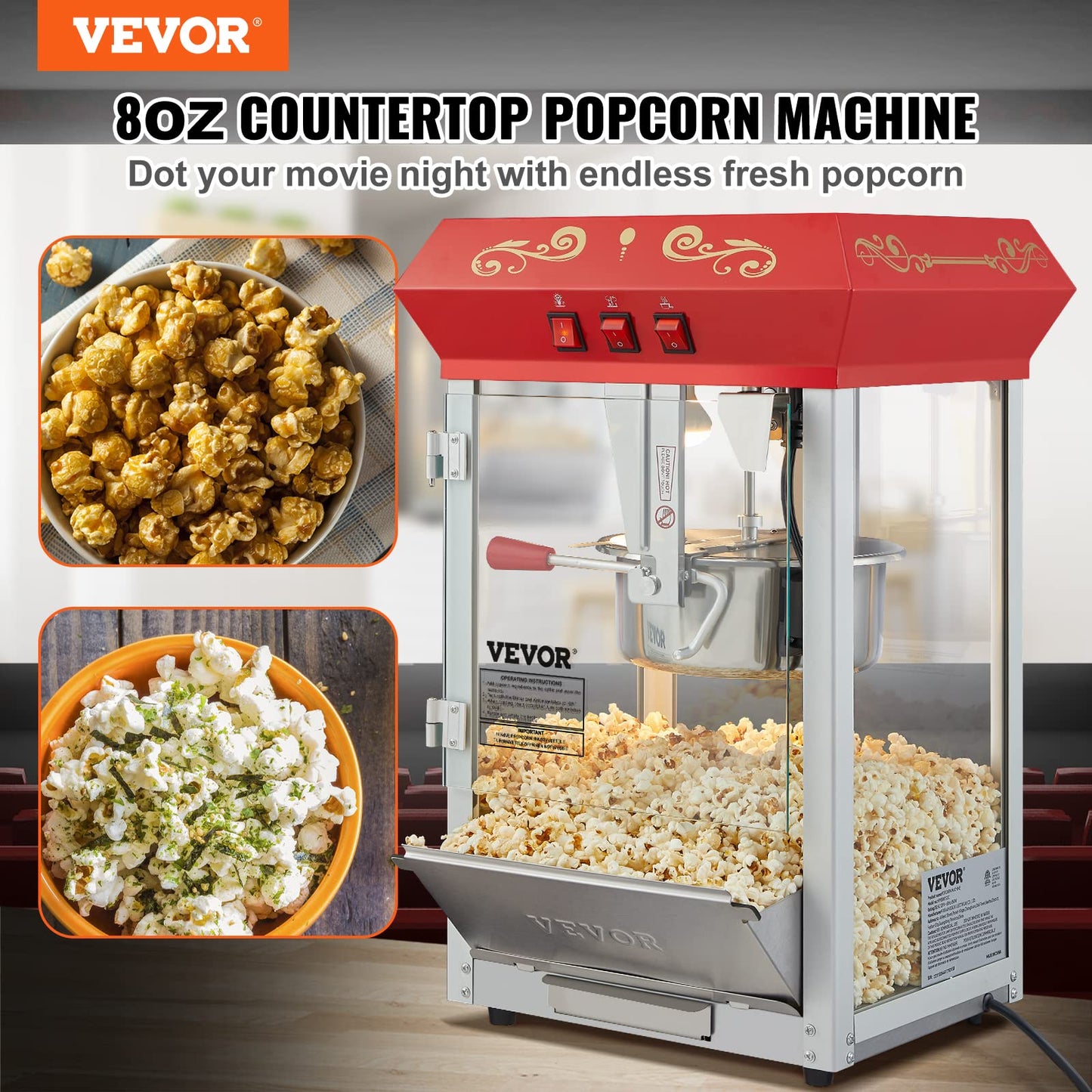 VEVOR Hot Dog Roller 7 Rollers 18 Hot Dogs Capacity 1050W Stainless Sausage Grill & Commercial Popcorn Machine, 8 Oz Kettle, 850 W Countertop Popcorn Maker for 48 Cups per Batch
