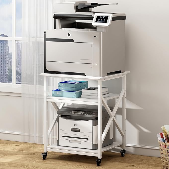 Fannova Large Printer Stand with Height Adjustable Storage Shelf, 23.6 x 23.6 Inches Square Printer Table with Industrial Wheels, Multi-use 3 Tier Rolling Printer Cart for Home Office - White
