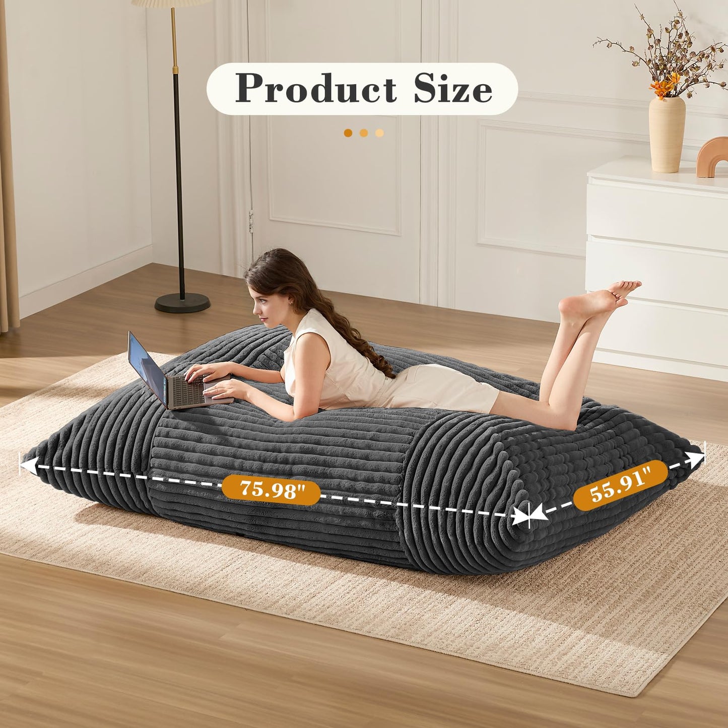 3-in-1 Giant Bean Bag Chair for Adults & Kid, Convertible Floor Sofa to Mattress, High-Density Foam Chair Bed with Washable Cover, Multi Functional Lounge Couch for Bedroom, Living Room (Dark Grey)