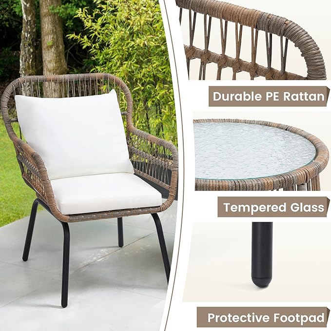 wildformers 3 Pieces Rattan Wicker Bistro Set, Outdoor Conversation Set, Wicker Furniture Set with Glass Top Table, Space Saving for Balcony, Backyard, Natural