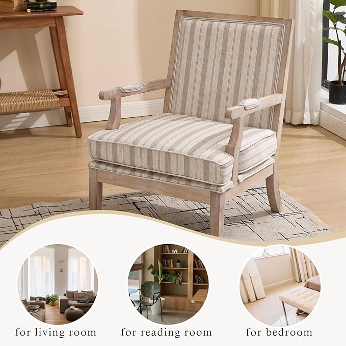 Mid Century Modern Accent Chair Set of 2, Upholstered Armchair with Solid Wood Frame & Wide Cushion Comfy Living Room Chairs Lounge Retro Reading Chair for Bedroom, Guest Room, Balcony, Khaki stripe