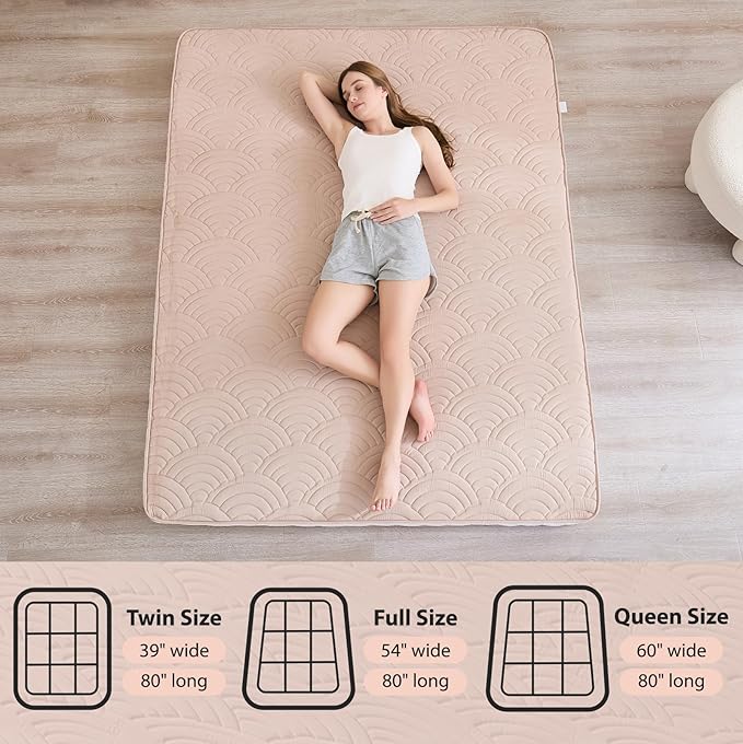 Zelladorra Japanese Floor Mattress, Quilted Futon Mattress with Anti-Slip Bottom, Foldable Floor Bed with Storage Bag and Straps, (Beige, Full)