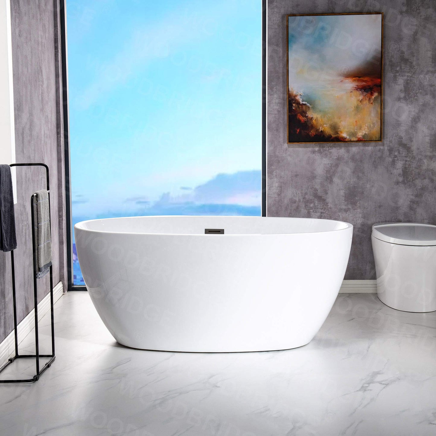 WOODBRIDGE 55" Acrylic Freestanding Bathtub Contemporary Soaking White Tub with Matte Black Overflow and Drain,B1418 -MB-Drain &O