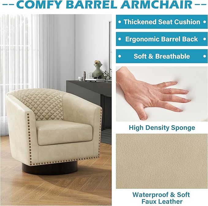 UIXE Swivel Accent Chairs Set of 2, PU Leather Barrel Club Chair for Living Room, Upholstered Round Armchair Comfy Single Sofa Bedroom Reading Seat - Beige