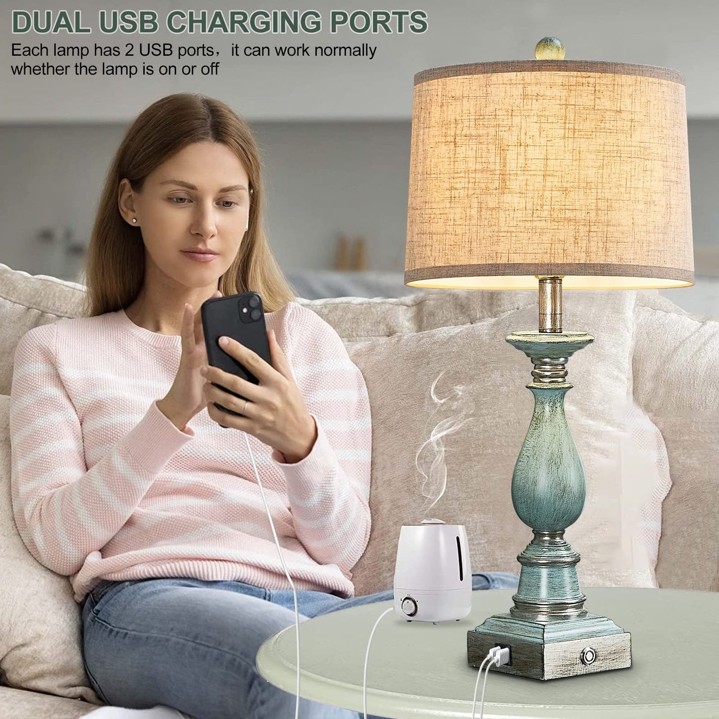 Farmhouse Table Lamps Set of 2 with USB Charging Ports, Touch Control Bedside Table Lamp for Bedroom Nightstand, 3-Way Dimmable Table Lamp for Living Room End Table, Linen Fabric Shade, Bulbs Included