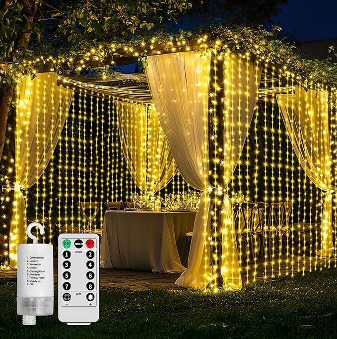 Ryblgled Battery Operated Curtain Lights 300 LED - 10ftx10ft Warm White Battery Power Fairy Curtain String Lights with Rem...