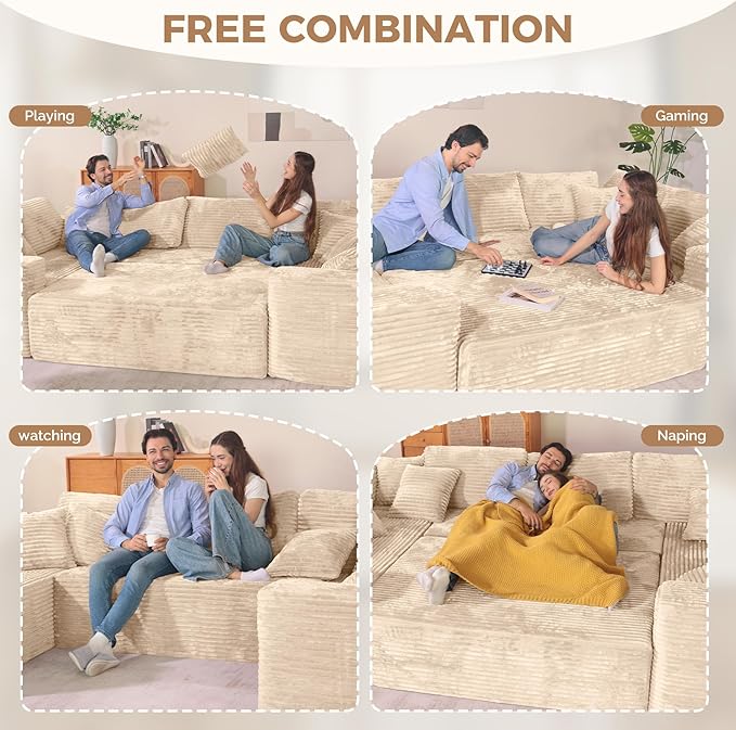 136'' Large Sectional Cloud Couches with Chaise, U Shaped Boneless Sofa Bed with Ottoman, No Assembly Required Deep Seat Modular Lounge for Living Room 4PCS Set, Bedroom(Khaki)