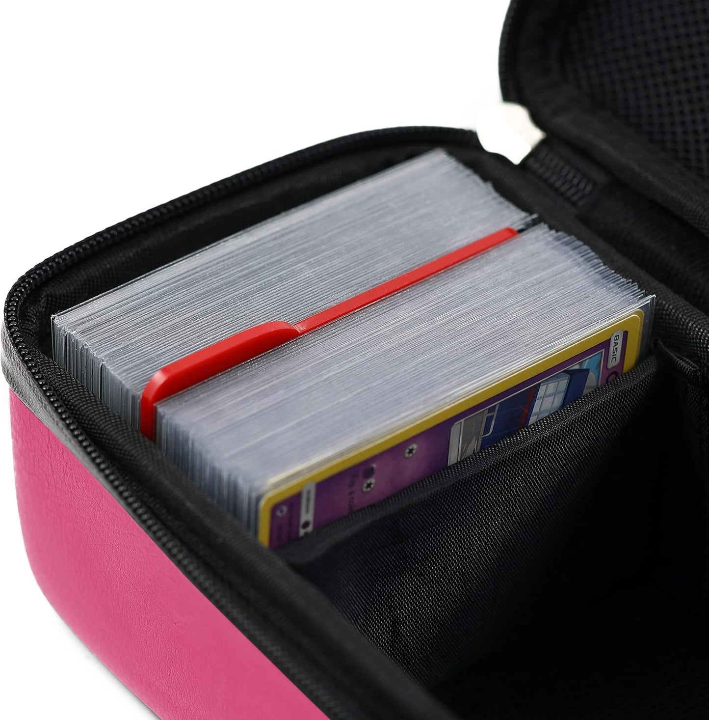 Quiver Time Pink Bolt Card Carrying Case fits Pokemon Cards and other TCG Games - Storage Bag for Playing/Trading Cards and Deck Box (Straps, Dividers & 100 Apollo Card Sleeves)